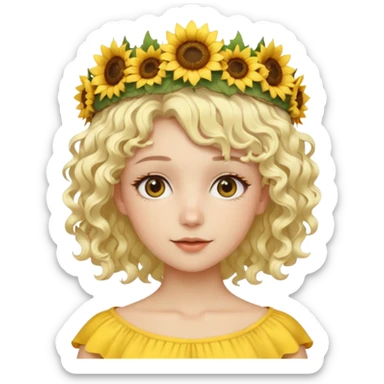 Fair skin female, short platinum-blonde curly hair, wearing a yellow sunflower crown. sticker