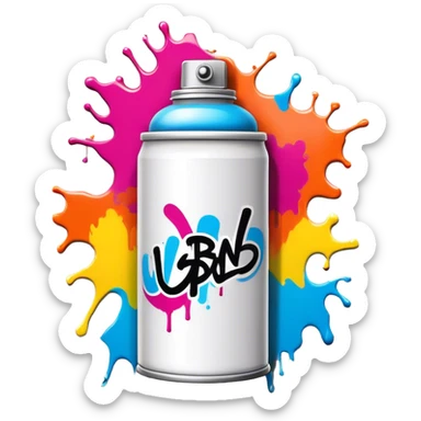 Graffiti icon, spray paint can, colorful spray paint splashes, brick wall with graffiti artwork and bold text, urban style, vibrant colors, minimalistic design, clean lines, transparent background. sticker