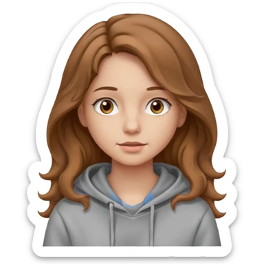 Girl with long and light brown hair and wear hoody and her hai is somethig betwwen curly and stright and her eyes is same color with her hair her skin is white sticker