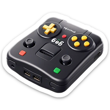 Clash of Clans aesthetic: Cinematic Playful Nintendo 64 Console Portrait Emoji, rendered in a 3D vector-style similar to standard emojis with minimal shading and bold, simplified shapes. A compact, distinct form with signature details, softly glowing with a nostalgic gaming charm. Simplified yet unmistakably iconic, highly detailed and consistent, glowing with a soft radiance and high shine. Stylized with a touch of retro gaming magic and a soft glowing outline, capturing the essence of a beloved gaming relic with a friendly, playful manner! sticker