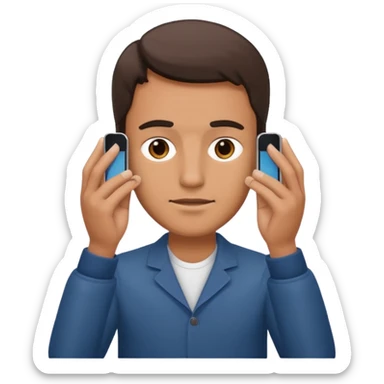 a guy holding an smartphone with both hands in landscape mode in front of his forehead sticker