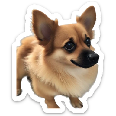 dark brown corgi Chihuahua Pomeranian mix with black fluff around nose less fluff ￼ sticker