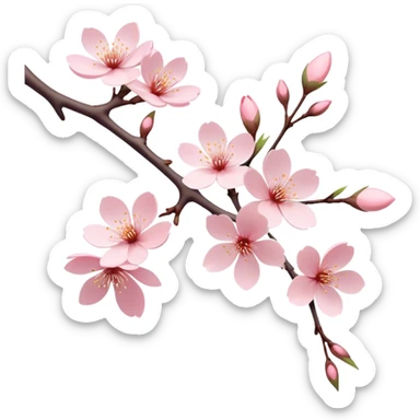 Cinematic Realistic Sakura Flowers on a Branch, depicted as delicate, soft pink blossoms gracefully adorning a slender, gently twisted branch, illuminated by subtle, warm natural light that accentuates their ethereal beauty and transient charm, poetic spring scene sticker