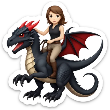 Me, a white female with brown hair, riding a black wyvern with a tiny bit of red that has only two back legs to your work sticker