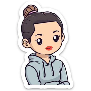 cartoon sticker of a clean girl with dewy skin, glossy lips, hair in a bun, wearing athleisure sticker