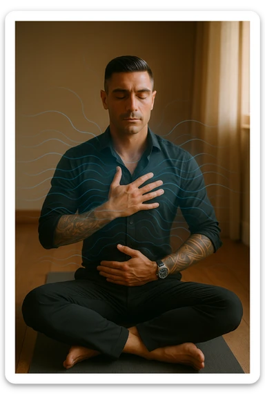 A highly realistic, cinematic portrait of a man in his early 30s with a calm, focused expression, sitting cross-legged on a yoga mat in a softly lit room. His eyes are closed, and he is performing deep diaphragmatic breathing, with one hand resting on his chest and the other on his abdomen, visibly rising and falling with each breath. A subtle glow or faint blue light outlines his body, symbolizing calm energy and nervous system regulation. Around him, faint symbolic waves or flowing lines in blue tones represent the breath calming the autonomic nervous system, while a soft warm light from a window illuminates his relaxed face. The atmosphere is peaceful and grounded, with warm natural tones and a clean, minimalist setting, evoking the feeling of inner calm and nervous system reset through conscious breathing. Style: 35mm hyperrealistic film photography, soft depth of field, warm lighting with clear focus on the man's peaceful face and breathing posture sticker