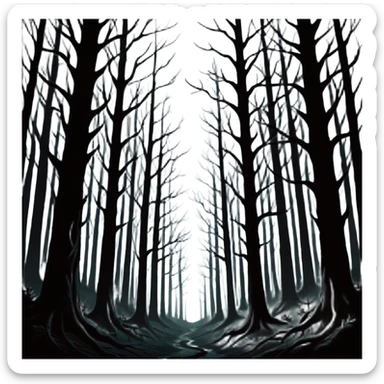 dark forest scene, the entire world covered in darkness. The sky is deep black with no stars or light, no moon, no glow just total void and silence. The atmosphere feels ominous and unsettling, as if darkness has swallowed everything. No characters, no visible light sources sticker