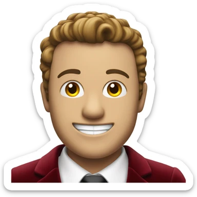 fat guy in dark red velvet suit holding cheque sticker