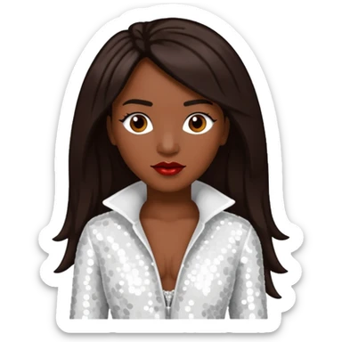 Chilli from TLC with dark skin, long dark brown hair, white sequin outfit sticker