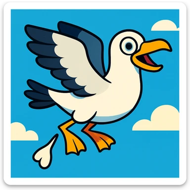 a seagull flying while pooping, vibrant toon style, colorful and playful sticker