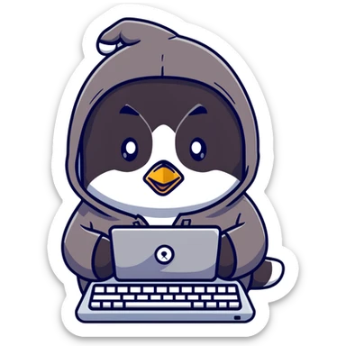 A cute penguin wearing a cozy hoodie typing on a computer keyboard sticker