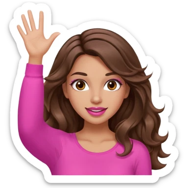 girl with long wavy brown hair, brown eyes, long lashes makeup, sexy pink lips, light to medium complexion, pink sexy top, two hands up shrugging sticker