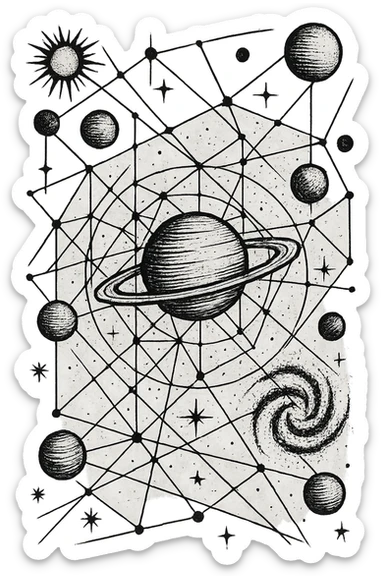 a design for an decorative black and white map, showing linework of galactic planets and a glalactic ley lines matrix map. black linework. proto-gothic "trashpolka" sticker