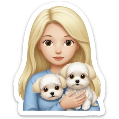 birthday woman with long blonde hair is holding a Maltese dog sticker