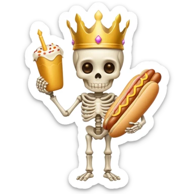 A cute skeleton wearing crown and holding hot dog full body sticker