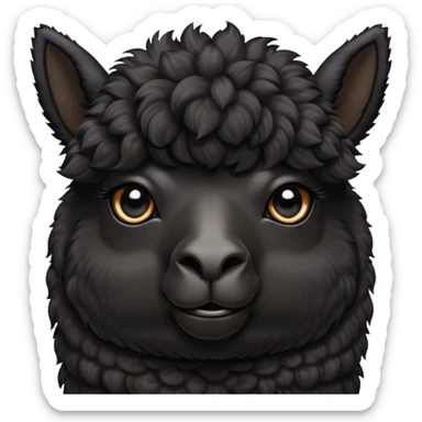 Cinematic Noble Black Alpaca Portrait Emoji, Poised and regal, with a striking, sturdy build and a sleek, well-groomed jet-black fleece, deep-set soulful dark eyes, Simplified yet sharp and sophisticated features, highly detailed, glowing with a soft, dignified glow, high shine, intelligent and mysterious, stylized with an air of elegant austerity, focused and attentive, soft glowing outline, capturing the essence of a watchful and confident companion, so majestic it feels as though it could stride out of the screen with effortless authority! sticker