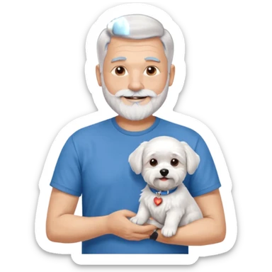 handsome gentleman, 60 years old, crew cut silver hair, full beard, wearing a blue t-shirt, smiling and holding a maltese dog sticker