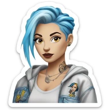 Eastern European Lady wearing trendy graffiti street clothes with blonde hair with highlights and a blue dyed hair streak and tattoos sticker