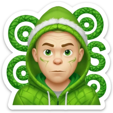 Create an avatar of white European male in hoodie with ``BST`` letters on it. Make background to look like from movie Grinch sticker