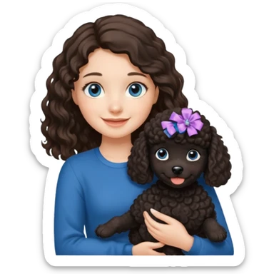 Brunette girl with long wavy hair and blue eyes holding black puppy poodle with brown eyes sticker