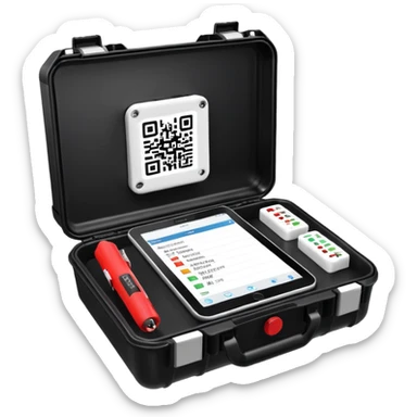 An open black hard-shell test case. inside: technical control handy, a power outlet, USB port, and colored test sockets. A large roll of white test labels with qrcode lies next to the equipment, along with one red test probe. sticker