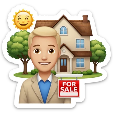 emoji de bienes y raices, un hombre y una casa en "venta for sale" sticker