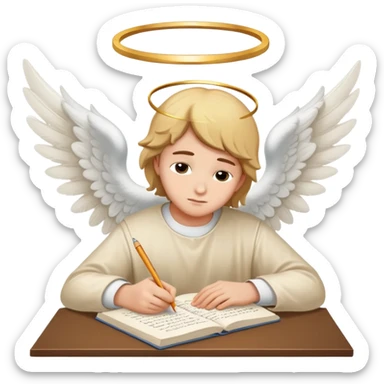 Person writing essay with "Dear God" with halo and angel wings sticker