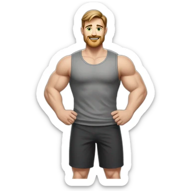 Full height realistic Actively gesturing with hands Pale skinned Fit Man With the biceps and brown hair in dark gray Sleeveless Mike, black oversize sports shorts, watch and white Sneakers sticker
