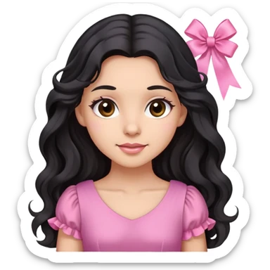 Beautiful girl with long wavy black hair, brown eyes, light skin, slight smile, pink ribbon in hair, and pink dress sticker