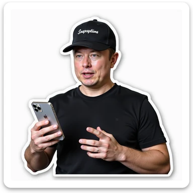 realistic photorealistic sticker of Elon Musk holding an iPhone, wearing a cap labeled 'Snapcaptions', suitable for social media sticker