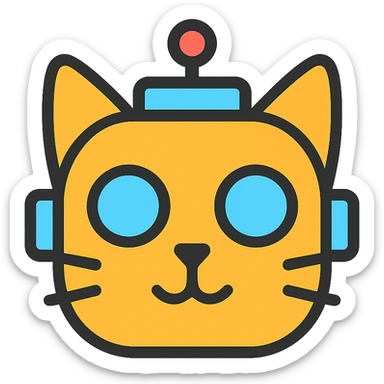 cartoon style emoji mashup of a cat and a robot, flat icon, white background sticker