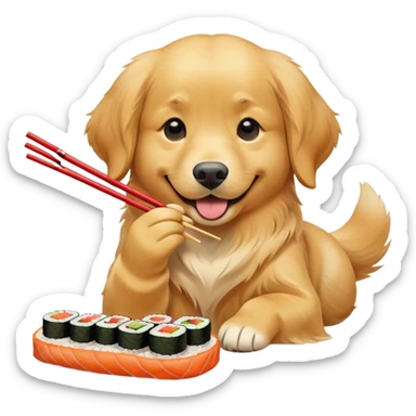 A happy golden retriever eating a colorful sushi roll with chopsticks, wagging its tail, anime-style emoji, vibrant colors, simple and cute sticker