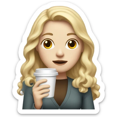 Woman, white skin, pale skin, long hair, blonde hair, wavy hair, tired expression, holding cup of coffee sticker