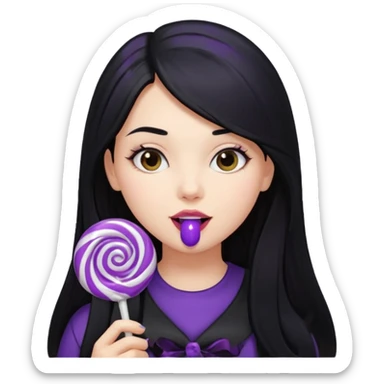 girl with long black hair, black clother with eating disorder purple sweet food sticker