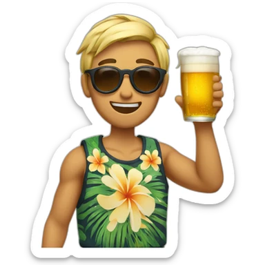 Japanese wearing roundglasses alohashirt is holding beer sticker