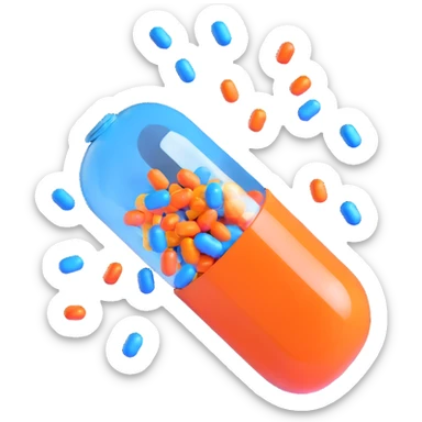 3D medical capsule split open with glossy orange and blue colors, vibrant shiny multicolored confetti exploding out, playful high-quality 3D rendering, floating capsule sticker