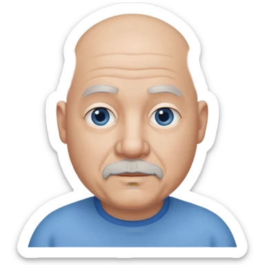 75,  bald, grey side hair, chubby, blue eyes, goatee sticker