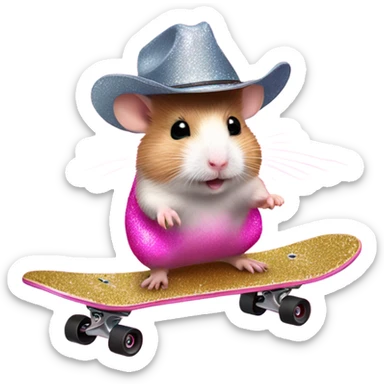 Pink ombre hamster riding a skateboard with glitter and cowboy hat sticker