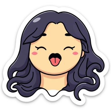 surprised and disgusted face with long black hair, goopy white liquid on cheeks, lips, and tongue, tongue sticking out, eyes shut, expressive cartoon look sticker
