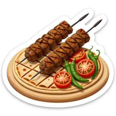 Adana kebab object icon, spicy grilled minced meat skewer, served on flatbread, grilled tomatoes and green peppers on the side, smoky char marks, juicy texture, 3D cartoon, mobile game icon style, centered, clean background, no text, no watermark
 sticker