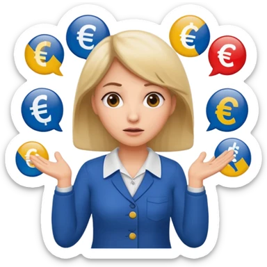 A confused female kindergardenteacher shrugging shoulders with euro symbols and documents floating around. sticker