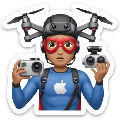 Super hero photographe, gopro sur la tête, masque ce fpv  (style Apple vision) sur les yeux. Un drone à côté de lui. Il tiens un appareil photo reflex. sticker