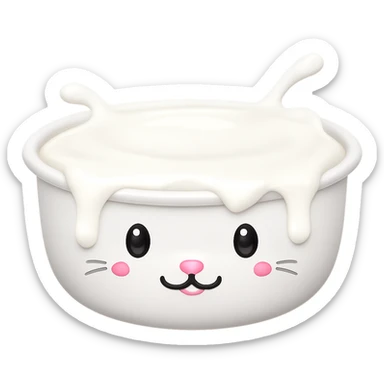 Replace the food in the adorable cat food bowl with milk, the bowl is overflowing with milk, keep the adorable cat food bowl style and apple emoji style, no background. sticker