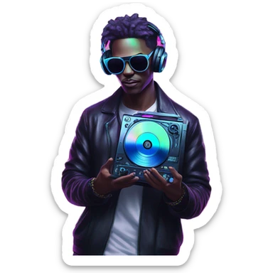 A dj wearing sunglasses playing music holding a cd record record, vinyl, oilslick holographic blacklight inverted graffiti dark dull sticker