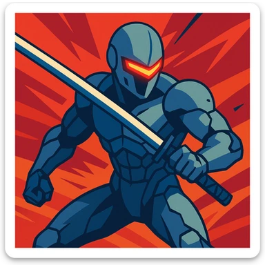 Grey Fox (Metal Gear Solid) with glowing red visor, holding a katana, action scene, stylized illustration sticker