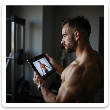 Uomo che guarda video di allenamento muscolare sul tablet, appare insicuro e poco motivato, testo in italiano: “Aumentare i muscoli per accelerare il metabolismo”. Stile iperrealistico. sticker