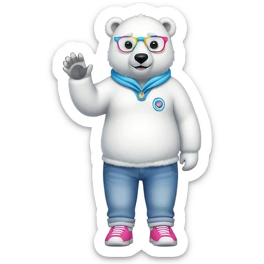 friendly anthropomorphised polar bear standing upright, looking chilled and unbothered, wearing a shirt, jeans, trainers, and spiral-shaped colorful glasses sticker