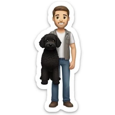 clean-shaven straight-haired brunette man holding black labradoodle sticker