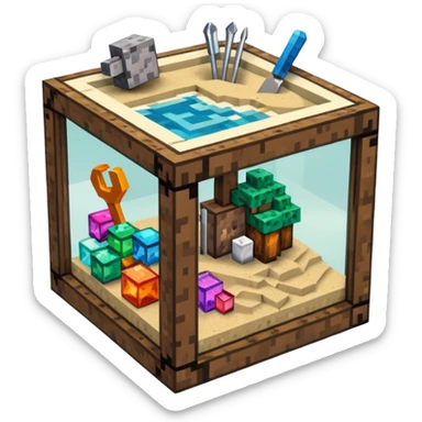 minecraft crafting tabme with tools, stone, wood, glass, sand, ... in a minecraft cube crafting table sticker