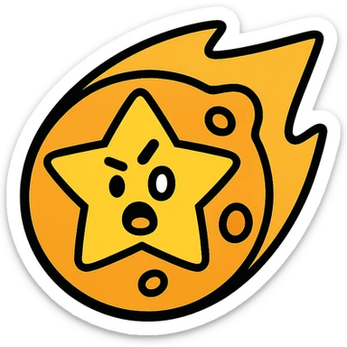 Brawl Stars pin showing a golden meteor with a star, cartoonish and expressive, bold outlines, vibrant colors sticker